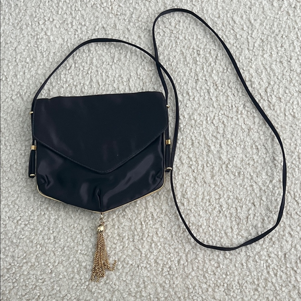 Vintage Black Crossbody Evening Bag with Gold Tassel